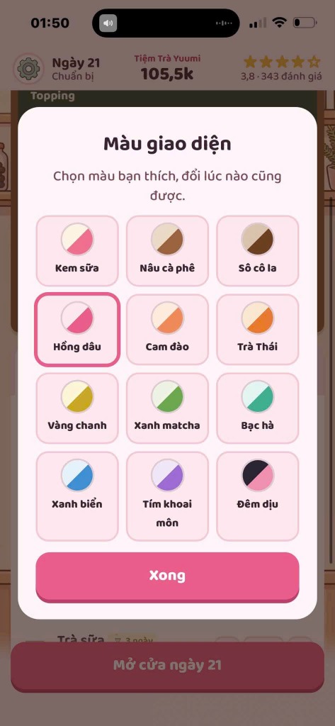 Bảng tùy chỉnh màu giao diện phong phú trong Tiệm Trà Nhỏ